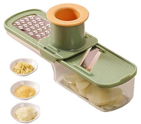 Rebanador de ajo Mini molinillo, cortador y rallador de ajo súper fino 3 en 1 ultrafuncional con protector de mano y recipiente transparente para cocina Verde, Figürchen