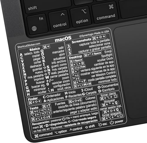 Synerlogic Mac OS Kurzbefehle-Sticker | Tastatur-Sticker für macOS | Laminierter Vinyl-MacBook-Spickzettel für Laptop | MacBook-Kurzbefehle 2026 (Clear/White/Spanish/2pk)