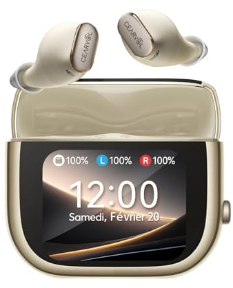 Cearvol Wave Amplificador de Sonido, Estuche con Pantalla Táctil, NeuroFlow AI 2.0, Conexión Bluetooth Dual, Transmisor Directo para TV con Entrada AUX (Blanco Estelar)