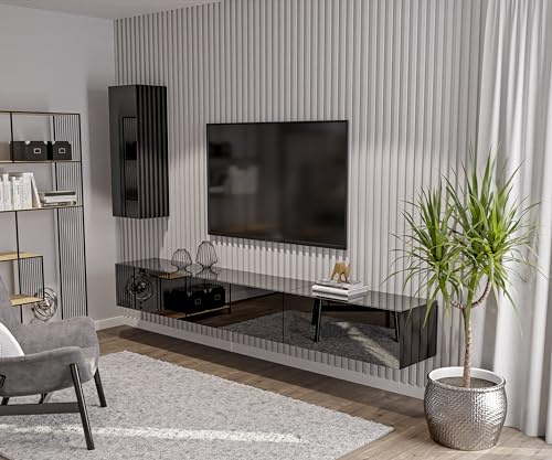 HAJDUK FURNITURE Wohnwand Hochglanz Schwarz – TV Wand 270 cm (3×90 cm Module) mit Hängeschrank 105 cm, Hängendes TV Lowboard Push-to-Open, Moderne Anbauwand Wohnzimmer