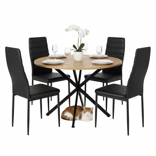 Songvas Esstisch und Stuhlset, Esstisch mit 4 Stühlen, 100 cm Runder Esstisch-MDF-Tischplatte und 4 Moderner Esszimmerstuhl-PVC-Sitzkissen, Geeignet für Küche, Esszimmer, Wohnzimmer, Café, Balkon