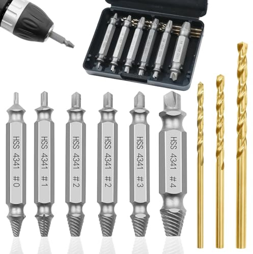 JOVIA 9-Piece Damaged Screw Extractor Set, 6 HSS 4341 Screw Extractors and 3 Twist Drill Bits, A Bolt Extractor Kit for Removing Damaged, Rusted, Broken, and Stripped Screws
