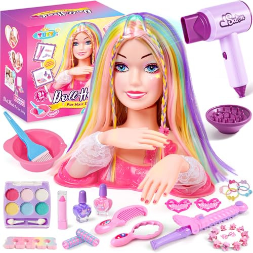 vamei Tête à Coiffer Enfant Fille Jouet 4 5 6 7 8 Ans, Tete a Maquiller Cheveux Colorés avec Sèche-Cheveux Maquillage Vernis à Ongles & Accessoires de Coiffure, Set Coiffure Salon Beauté Cadeau Fille
