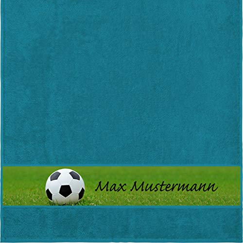 Manutextur Duschtuch mit Namen - personalisiert - Motiv Sport - Fußball - viele Farben & Motive - Dusch-Handtuch - Petrol - Größe 70x140 cm - persönliches Geschenk mit Wunsch-Motiv und Wunsch-Name