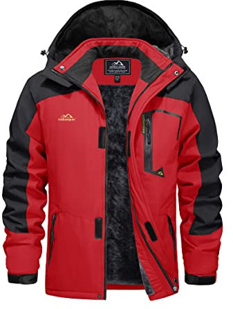 EKLENTSON Hommes Manteaux-Hiver Veste Imperméable Coupe-Vent Escalade Ski Veste Polaire Chaud Vêtements d'extérieur Sport Manteau à Capuche Multi Poches Zippées - Rouge - S