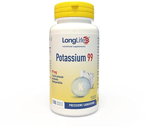 LongLife® Potassium 99 | 3 sali di potassio | Ad alta biodisponibilità | 100 tavolette rivestite | Pressione sanguigna, funzione muscolare e neurologica | Senza glutine e vegano