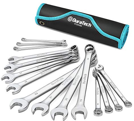 DURATECH Combination Wrench Set, Metric, 15-Piece, 8, 9, 10, 11, 12, 13, 14, 15, 16, 17, 18, 19, 20, 21, 22mm, 12-Point, CR-V Steel, with Rolling Pouch