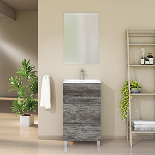 Baikal Conjunto de Mueble de Baño suspendido a la Pared con Fondo reducido, con Lavabo y Espejo, Tres cajones, Medidas de 50cm Vintage