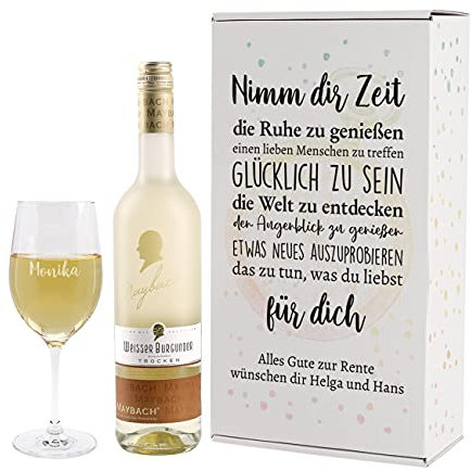 Herz & Heim® Rente Geschenk mit gravierten Leonardo Weinglas und Maybach Weißwein zur Auswahl Weißer Burgunder