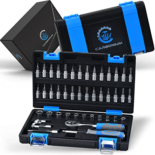 Steckschlüsselsatz 1/4'' für Profis und Heimwerker - Ratschenkasten mit allen gängigen Bits [45 Teile] - Präzisions-Ratsche mit 72 Zähnen aus Chrom-Vanadium - Werkzeugkoffer mit Metallscharnieren