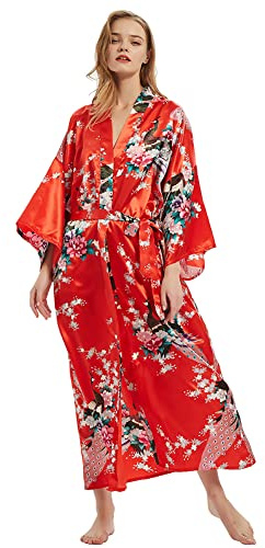 Robe de chambre kimono pour femme - Imprimé floral - Cardigan pour femme - Pour mariage, fête, Paon Floral Rouge, One Size Plus Tall