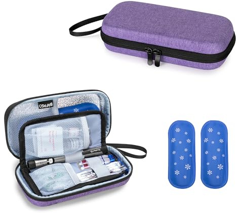 BAFASO Estuche de Viaje de Insulina - 2 Bolsas de Hielo, Bolsa de Insulina | Organizador Duro, Estuche para Suministros de Insulina, Púrpura