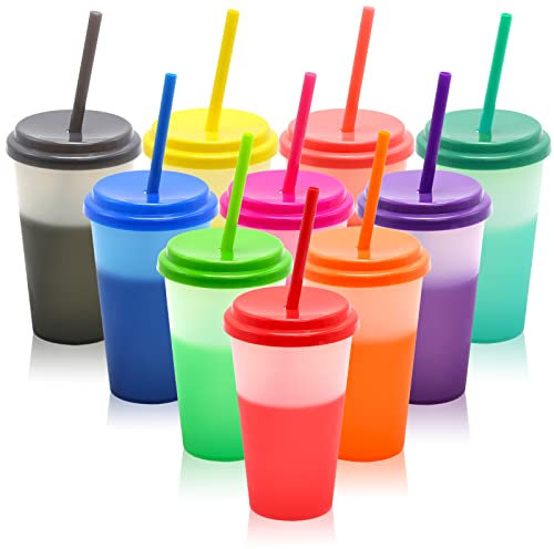 FIEKEICC Color Changing Cups with Lids and Straws,10Pcs 12oz Plastic Cups Reusable Tumbler with Lid and Straw,Clear Ice Cold Drinking Cup for Adults Kids Women,Summer Coffee Tumblers Party Cup