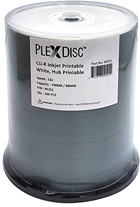 PlexDisc 95252 CD-R 700MB 52X Weißer Tintenstrahl-Hub bedruckbar, 100 Stück Spindel, frustfreie Verpackung, 100 Stück