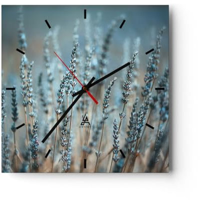 Modern Wanduhr Lavendel Klinge Blume 30x30cm Quadrat Klein Wand Uhr Glas Analog Zimmeruhren Küche Büro Wohnzimmer Glasuhr Wall Clock Dekoration Design Wanddekoration Küchenuhr C3AC30x30-4986