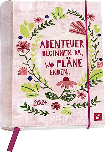 Buchkalender 2024: Abenteuer beginnen da, wo Pläne enden: Wochenkalender mit 12 Postkarten (Terminplaner für die Handtasche) mit Leseband, Spiralbindung, Gummiband und Einstecktasche