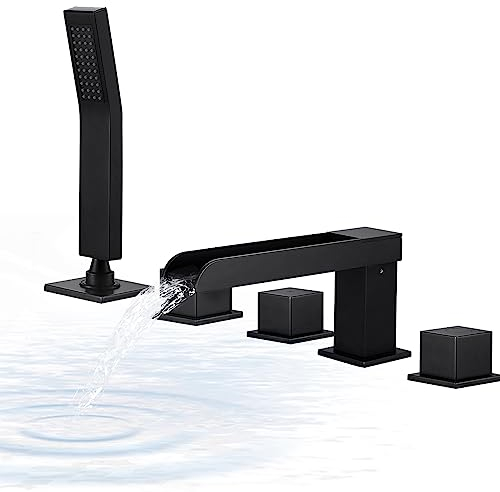 KRUZOO Badezimmer Römische Wannenfüller, 5-teilig, Wasserfall, weit verbreitet, Badewannenarmatur-Set, 3 Griff, Deckmontage, 5-Loch-Wannenarmatur mit Handbrause, mattschwarz, YG6353MB