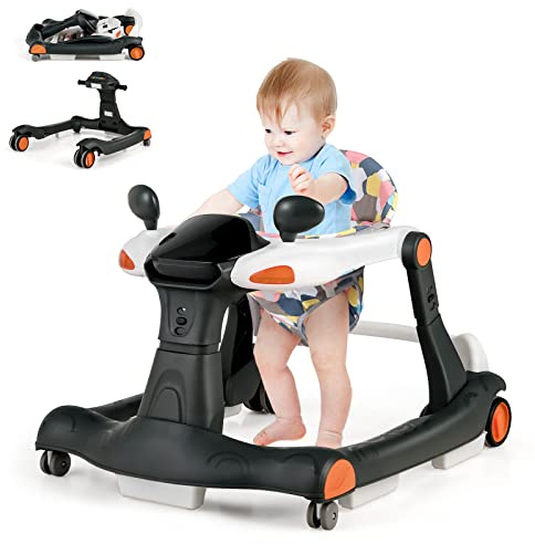 RELAX4LIFE 2 in 1 Girello Neonato 6-18 Mesi, Primi Passi per Bambini con Altezza e Velocità Regolabili, Girello Pieghevole con Musica e Luce, Cuscino Rimovibile e Lavabile, Fino a 15 KG (Nero)
