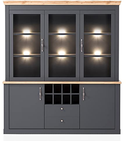 Lomadox Buffetvitrine Vitrinenschrank Küchenbuffet Landhaus inkl. Beleuchtung in anthrazit mit Wotan Eiche Nb., B/H/T ca. 184/205/44 cm