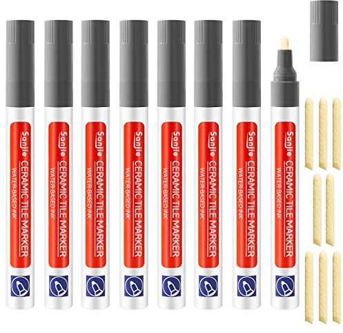 Fugenstift Grau, 8 Stück Fugenschwarz Stift für Fliesen im Badezimmer, Fugen Reparatur Stift mit Ersatzspitze, Reparaturstift für Fliesen Wand Bodenfliesenfuge Boden Küchen und Badezimmern