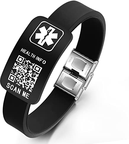 Theluckytag Medizinische Armbänder Männer Frauen mit QR Code Alert ID Armbänder Silikon wasserdichtes Armband passt Handgelenke bis 9'''mehr Raum Benutzerdefinierte Notfall medizinische ID Alert Info