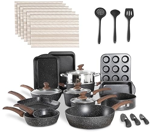 MAISON ARTS 30 Piece Pots and Pans Set Non Stick, Kitchen Cookware & Bakeware Sets with Nonstick Granite Coating, Baking Tray, Frying Pan and Saucepan, Black