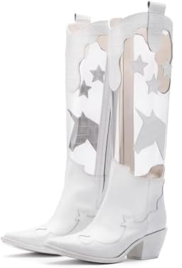 Frankie Hsu Stivali da cowboy occidentali ricamati da donna con cuciture alte al ginocchio nero bianco tacco medio in PVC trasparente moda stella unicorno retrò classico polpaccio largo grandi