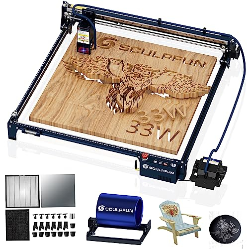 SCULPFUN S30 Ultra 33W Laser Cutter mit SCULPFUN Laser Wabentisch 600X600mm, SCULPFUN Laser-Rotationswalze Rotary Roller, Laser Graviermaschine für DIY Großen Sperrholzschnitt
