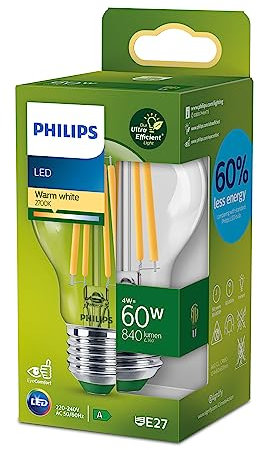 Philips, ampoule LED Ultra Efficient Classe A, 60W, culot E27, blanc chaud 2700K, transparente, verre