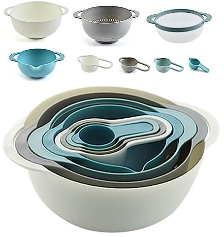 Set di 8 ciotole per miscelazione, antiscivolo, con 2 ciotole, 1 filtro a rete, 4 misurini, 1 colino, 1 set di bicchieri impilabili, set di misurini, ciotola multifunzione per cucina (blu)