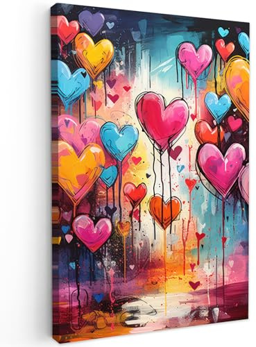 MuchoWow© Leinwände Groß XXL Wall Decoration Bilder Schlafzimmer Deko | 80x120 cm - Pictures Canvas Painting Wanddekoration Wohnzimmer Banksy - Street Pop Art - Herzen - Farben - Kunst - Liebe