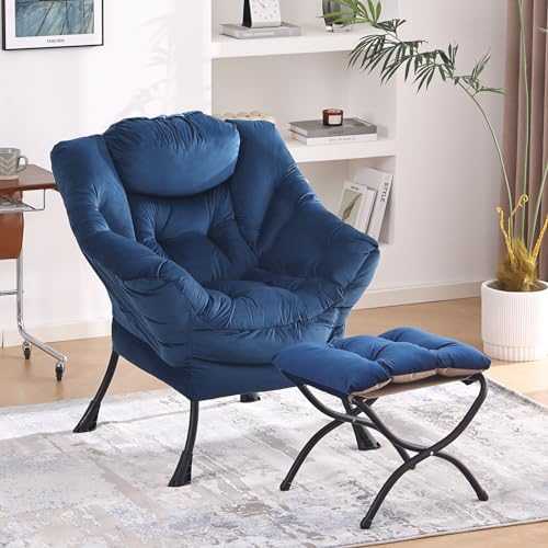 YOTATING Bequemer Sessel mit Fußhocker, Lazy Chair mit Ottomane, Freizeit-Akzentstuhl, Relax-Lounge-Sessel mit Armlehnen & Seitentasche für Wohnzimmer, Schlafzimmer & kleine Räume, Königsblau