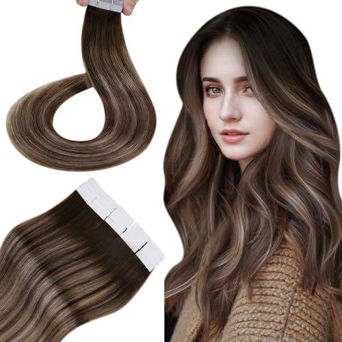 HETTO Hetto Tape Echthaar Extensions Ombre Braun Tape Extensions Echthaar Remy Tape Extensions Haarverlangerung Ombre Dunkel Aschblond #4/18/4 30cm 40g