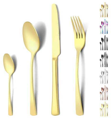 Funnydin 24 Piece Cutlery Set, Stainless Steel Silverware, Complete Cutlery 6 Person with Fork, Knife, Teaspoon, Dishwasher Safe, Elegant Champagne Look