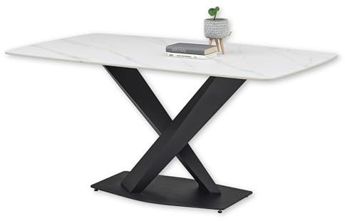 Stella Trading Ventura Aspecto de mármol, Color Blanco-Excepcional Mesa Estructura de Metal Negro para su Comedor, Cerámica, 180 x 75 x 90 cm