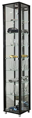 VR-Wohnwelten Glasvitrine (172x32x33 cm) in Schwarz mit 7 Glasböden, Spiegel und LED - Modellauto Vitrine Schwarz - Vitrinenschrank Schwarz - Sammlervitrine - Wohnzimmerschrank Regal Wand Schrank