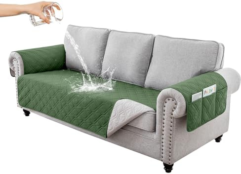 RAPRAP Sofa Cover 3 Seater 100% Waterproof Sofa Protector with Side Pockets for Kids, Pets, Dogs, Durable Non-Slip Three Seater Couch Covers, Washable,Green,3 Seater