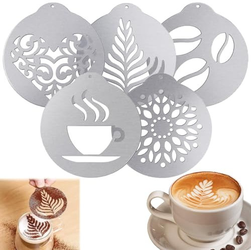 Aililong 5 Stück Kaffee Schablonen Set Edelstahl - Cappuccino Schablone Milchschaum Dekorationsschablone Kaffeezubehör - Perfekt für DIY Kunst Vorlagen und mehr
