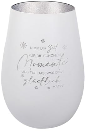 Der-Porzellan-Laden Windlicht mit Gravur Nimm dir Zeit für die schönen Momente, Weiß Silber, Teelichthalter aus Glas mit Spruch, Tischdeko modern