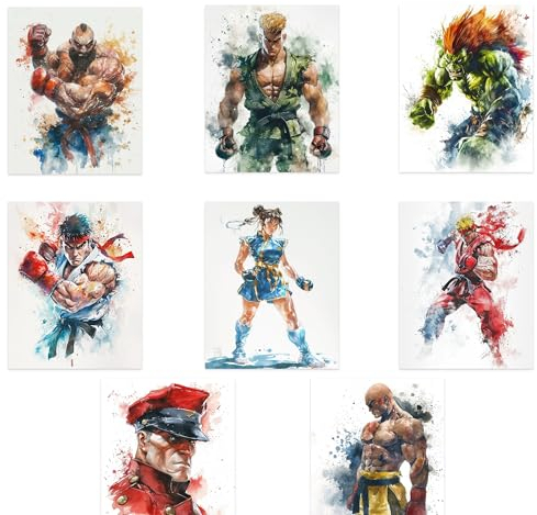 Ouroboros Art & Design Street Fighter Poster – SF Anime-Poster – Wandkunst für Spielzimmer – Set von 8 – 20,3 x 25,4 cm – 300 g/m² Papier – ungerahmt