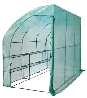 Top Home Solutions® Lean To Greenhouse - 6 Shelves Walk In Greenhouse With Green PE Cover, Roll-Up Zipped Door - Premium Quality Growhouse For Plants, Garden And Outdoor