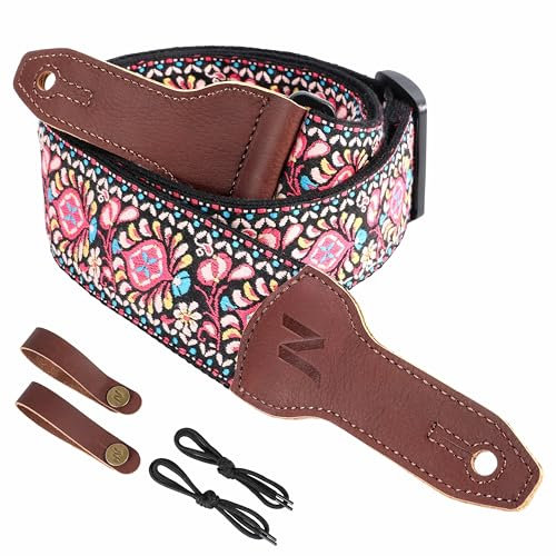 Nefelibata Banjo-Gurt, 2 breit, Vollnarbenleder Jacquard bestickt, verstellbarer Ersatz, Gitarrengurt mit Kopfplatten-Seil und Leder-Stirnband (rosa Blumenstickerei)