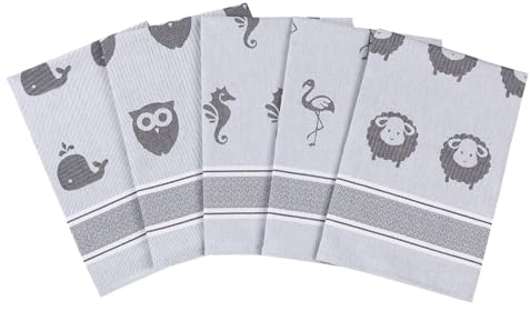 saewelo 5er Set Geschirrtücher in Geschenkverpackung, 100% Baumwolle, 39x56 cm (Fantastische Fünf, Grau)
