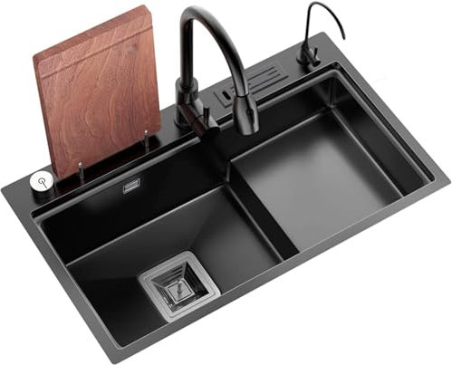 SaryEdge Évier de cuisine sur pied en acier inoxydable 304 noir, évier de préparation de barre à un bol, évier multifonction Nano RV avec robinet extractible, montage sur le dessus ou sous le plan (co