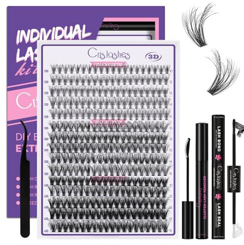 Crislashes 300 Pièces Kit-Extension-Cils 3D, Faux-Cils Individuel Mix 10-15 mm D Curl 20D+30D+40D, Faux Cils Naturel & Duveteux Extension Cils Cluster Individuels avec Colle DIY à la Maison