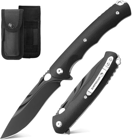 SPITZKANTE Einhandmesser H0MG1, D2 Stahl Klappmesser mit Taschen-clip und Nylontasche, EDC Survival Outdoor Taschenmesser für Camping, G10 Griff, Vollschwarz