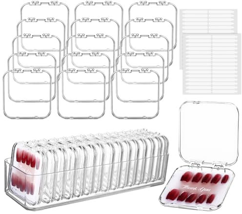 ULELE 18 Pcs Nail Storage Box Container Acrylic Nail Display Case Artificial Nail Display Storage Box with Large All-In-One Box 2pcs Double Sided Adhesive Nail Display Tape Nail Case Nail Package Box