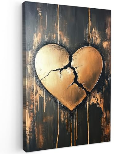MuchoWow© Leinwand 40x60 cm Deko Schlafzimmer Aesthetic Leinwandbilder Wohnzimmer Gemälde Foto Geschenk Living Room Decoration Herz - Gold - Holzoptik - Liebe