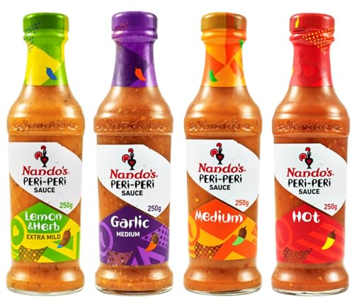 Nando's PERi‑PERi Chilisauce 4er Pack (4 x 250g) - Scharf (Hot), Mittelscharf (Medium), Knoblauch (Medium) & Zitrone & Kräuter (Extra Mild) - Grillsauce & Marinade für Hähnchen & Dip - Saucen Set