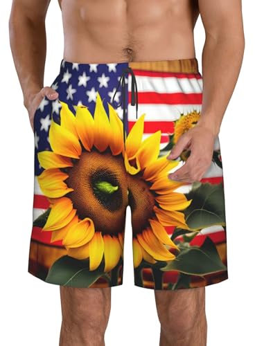 TTYDOKLA Maillot de bain pour homme imprimé tournesol et drapeau américain, short de plage confortable pour homme, pour la natation, le surf et au quotidien, blanc, M